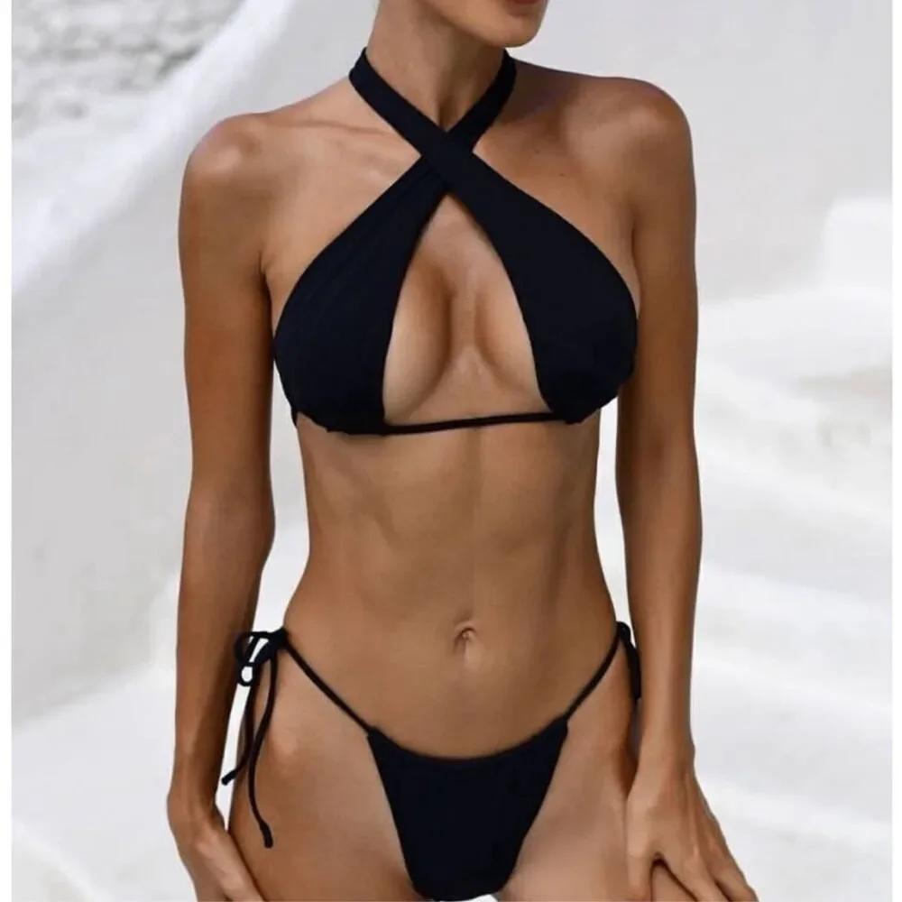 Monica Hansen Bond Girl Halter Bikini Top Black Metallic Nwt Size Small